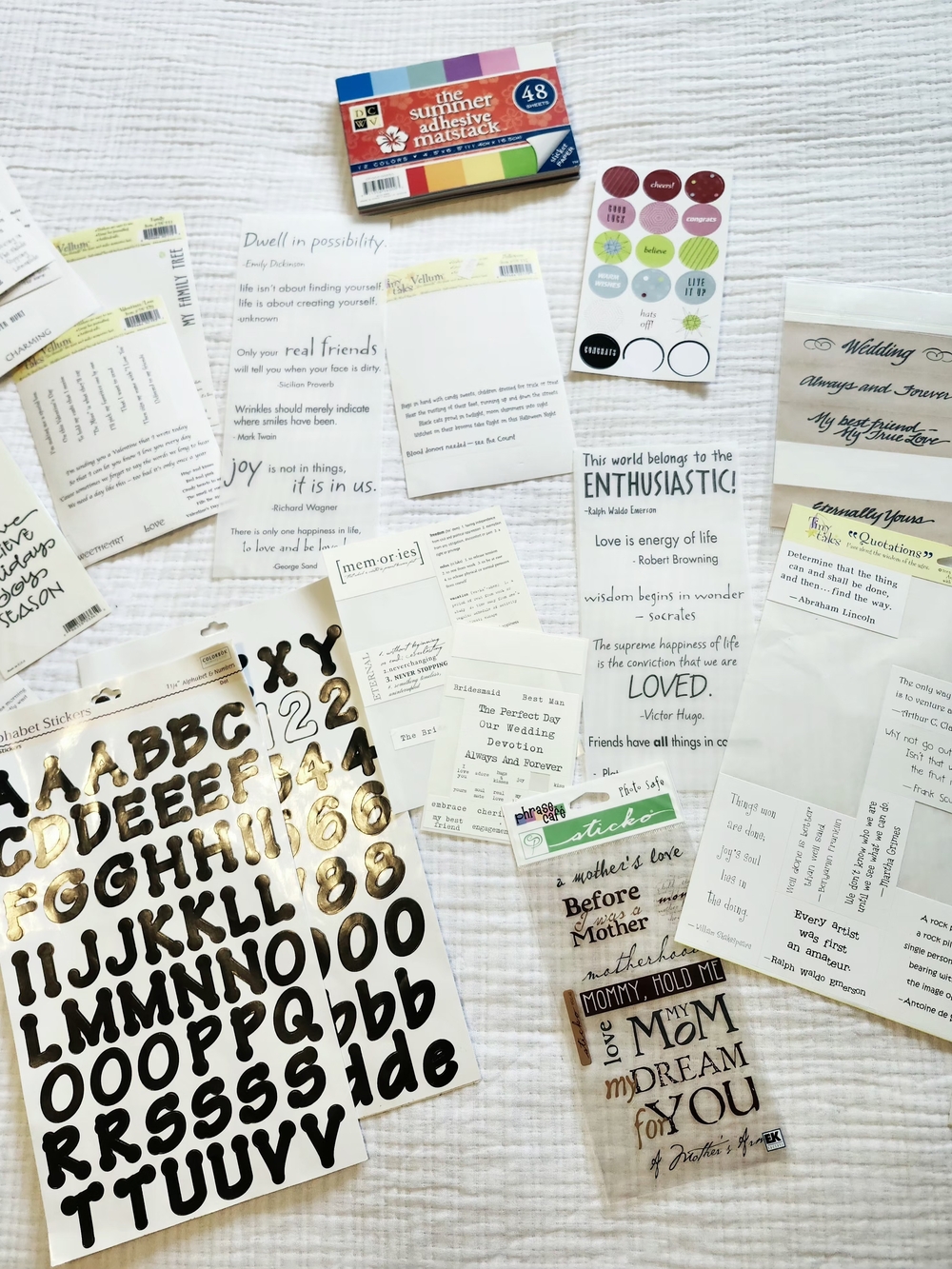 Assorted Scrapbook Supplies – Adhesive Cardstock, Vellum Stickers & More